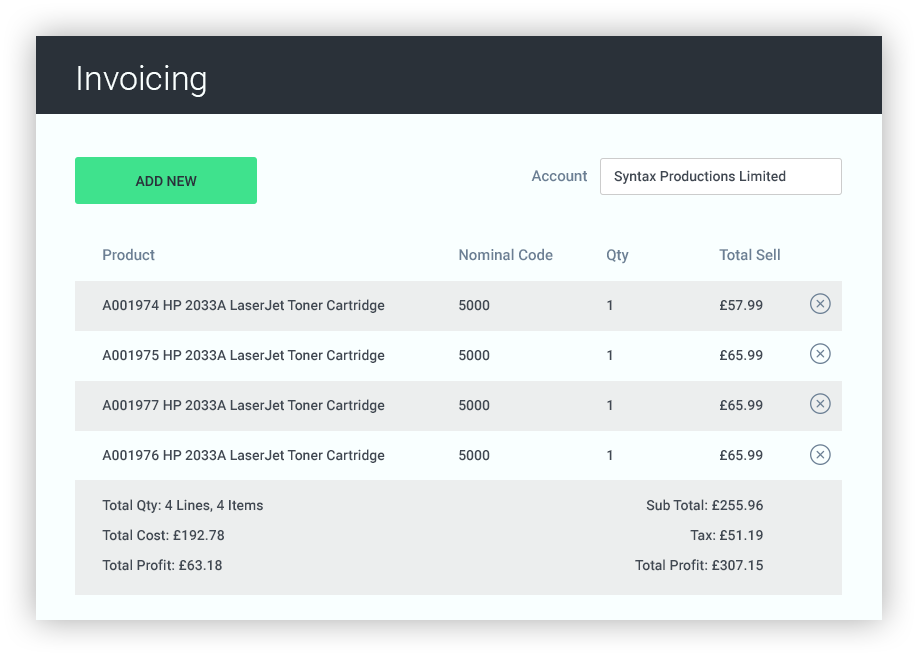 Invoicing grid view