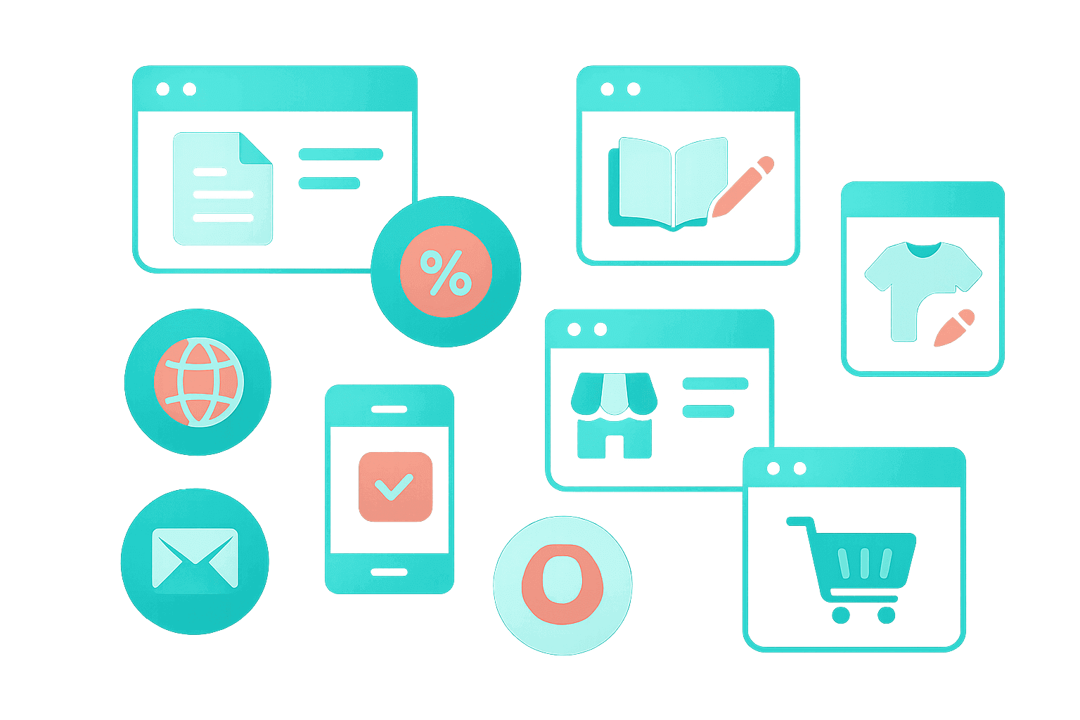 B2B ecommerce platform add-on modules for Comgem, showing icons for resources, courses, mobile app, multi-currency, multi-store, email campaigns, product customisation, and punchout integration