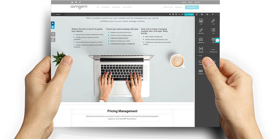 real-time website preview in Comgem CMS before publishing changes