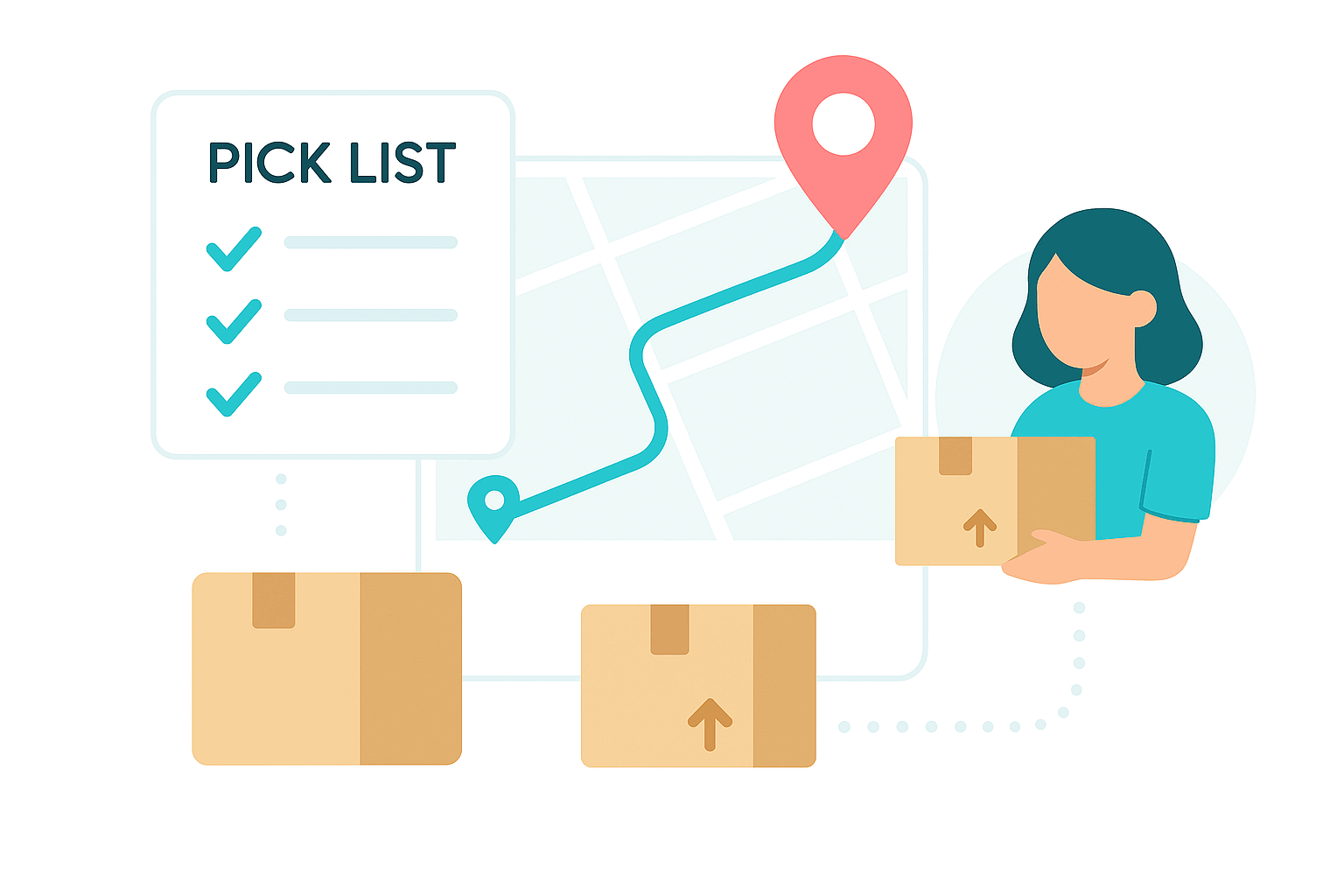 parcel dispatch with status icons, tracking indicators, and a simple workflow showing shipment progress