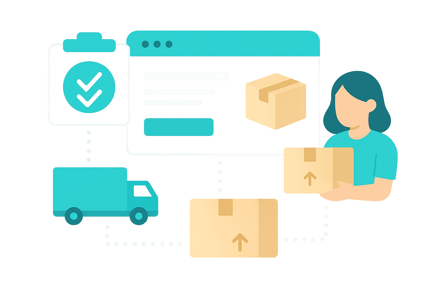 pick list card, warehouse route line, parcel icons, and a picker avatar in a B2B warehouse setting
