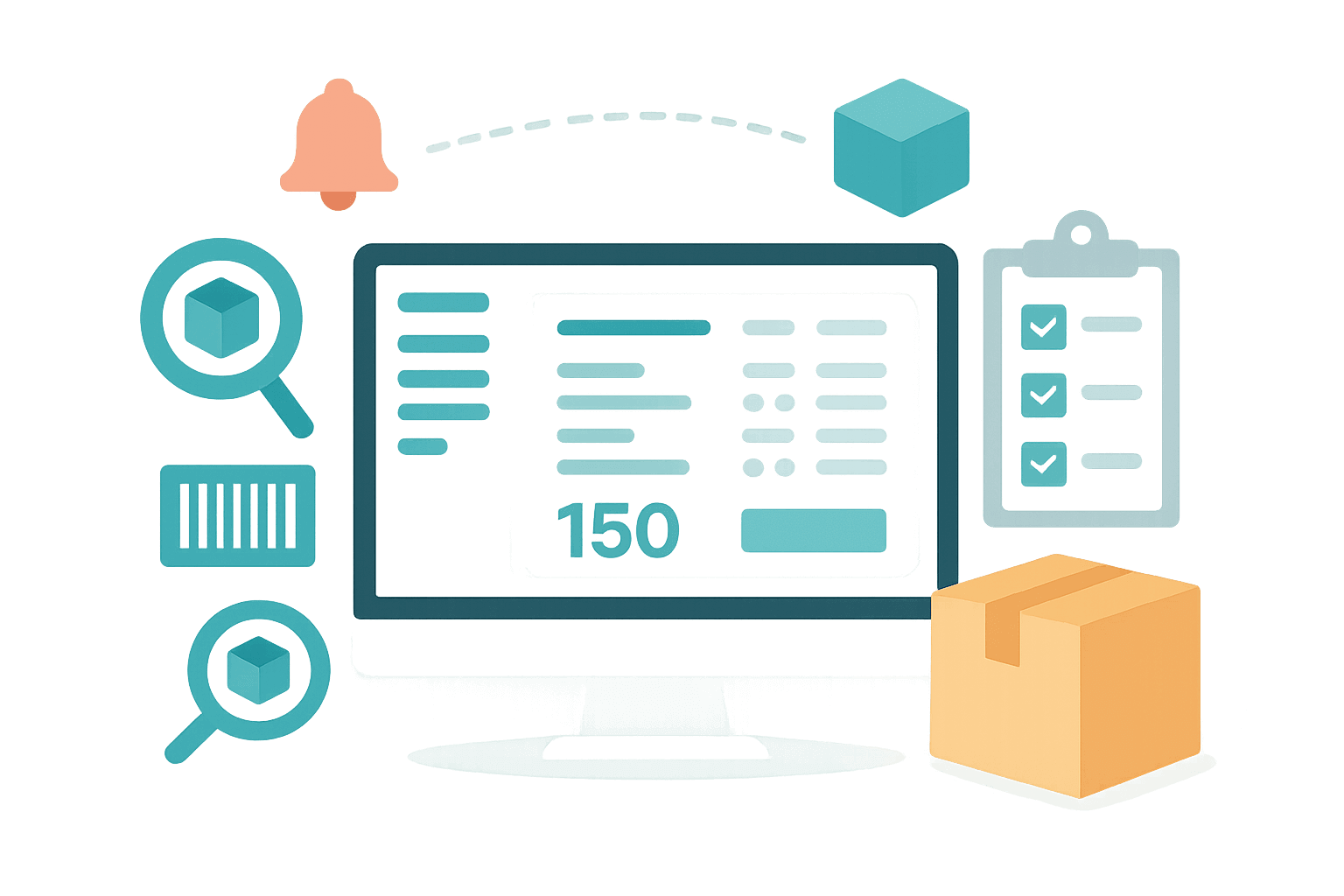 warehouse stock boxes, a real-time inventory dashboard, and a staff avatar for stock control