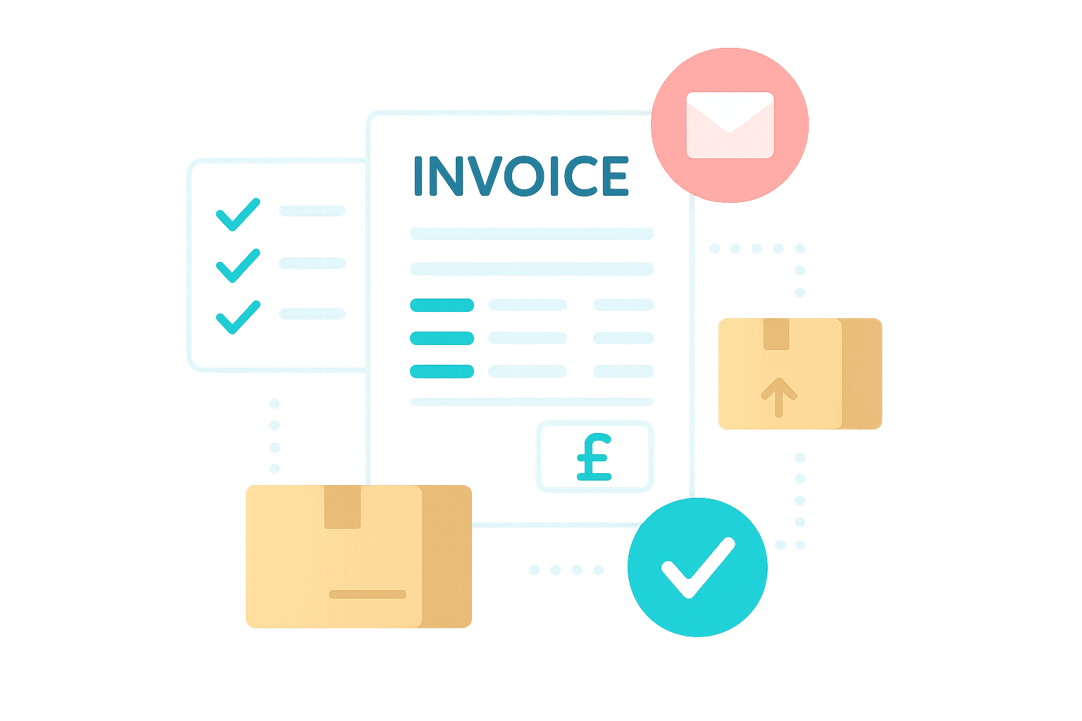 billing and invoicing workflow with invoice cards, payment status icons, and £ symbols
