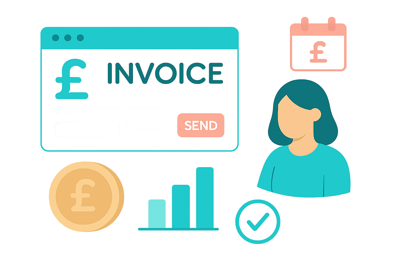 invoice creation workflow with UI cards, invoice details, and a faceless avatar