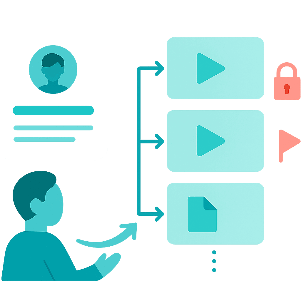 LMS course structure showing connected modules, lessons, and prerequisites with a learner avatar.