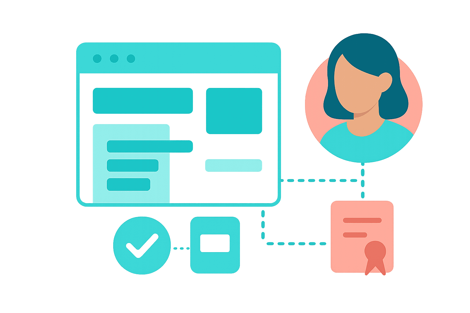 LMS course dashboard with modules, assessments, and a faceless learner avatar.