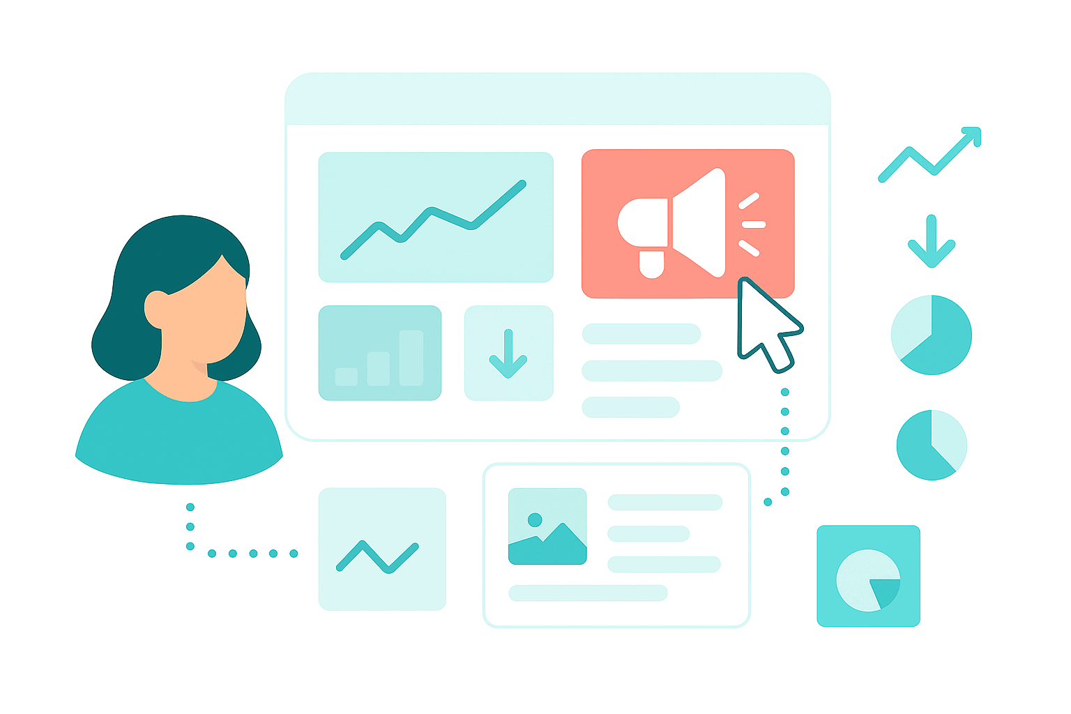 resource analytics with charts, featured content highlights, and engagement tracking icons.