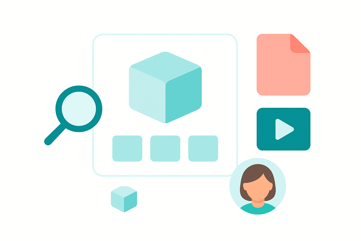 Product media management illustration showing images, videos, documents, and gallery thumbnails in Comgem PIM